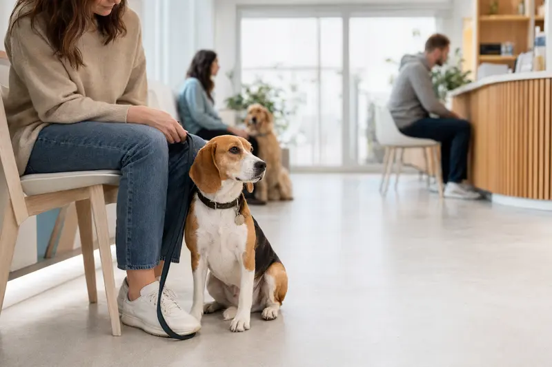 Ein Beagle sitzt ruhig neben seinem Besitzer in einem hellen Wartezimmer einer modernen Tierarztpraxis.